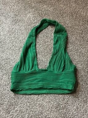 SHEIN Green Ribbed Halter Bikini Top